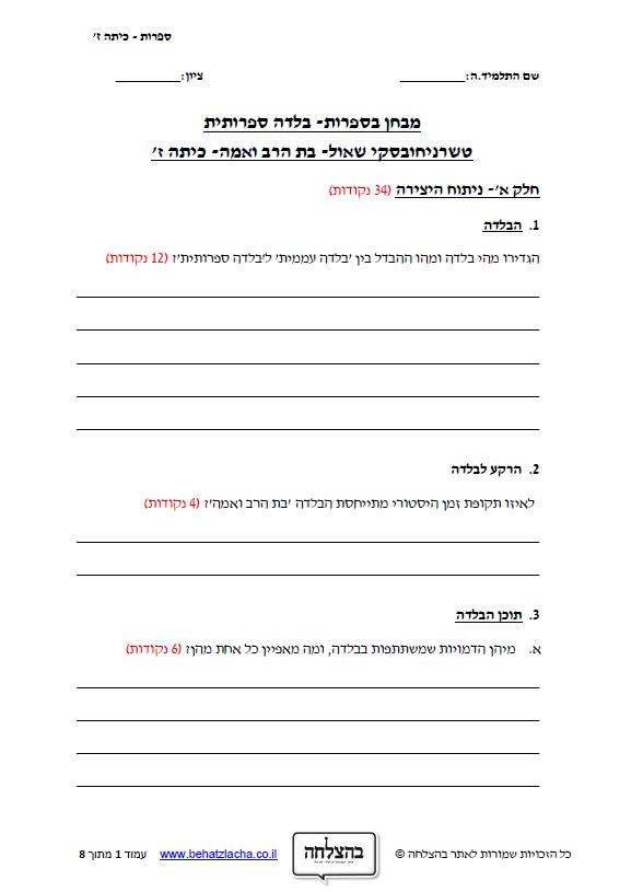 מבחן בספרות לכיתה ז - בת הרב ואמה / שאול טשרניחובסקי - שירה, בלדה
